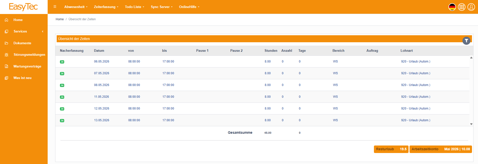 screenshot stundenübersicht webportal